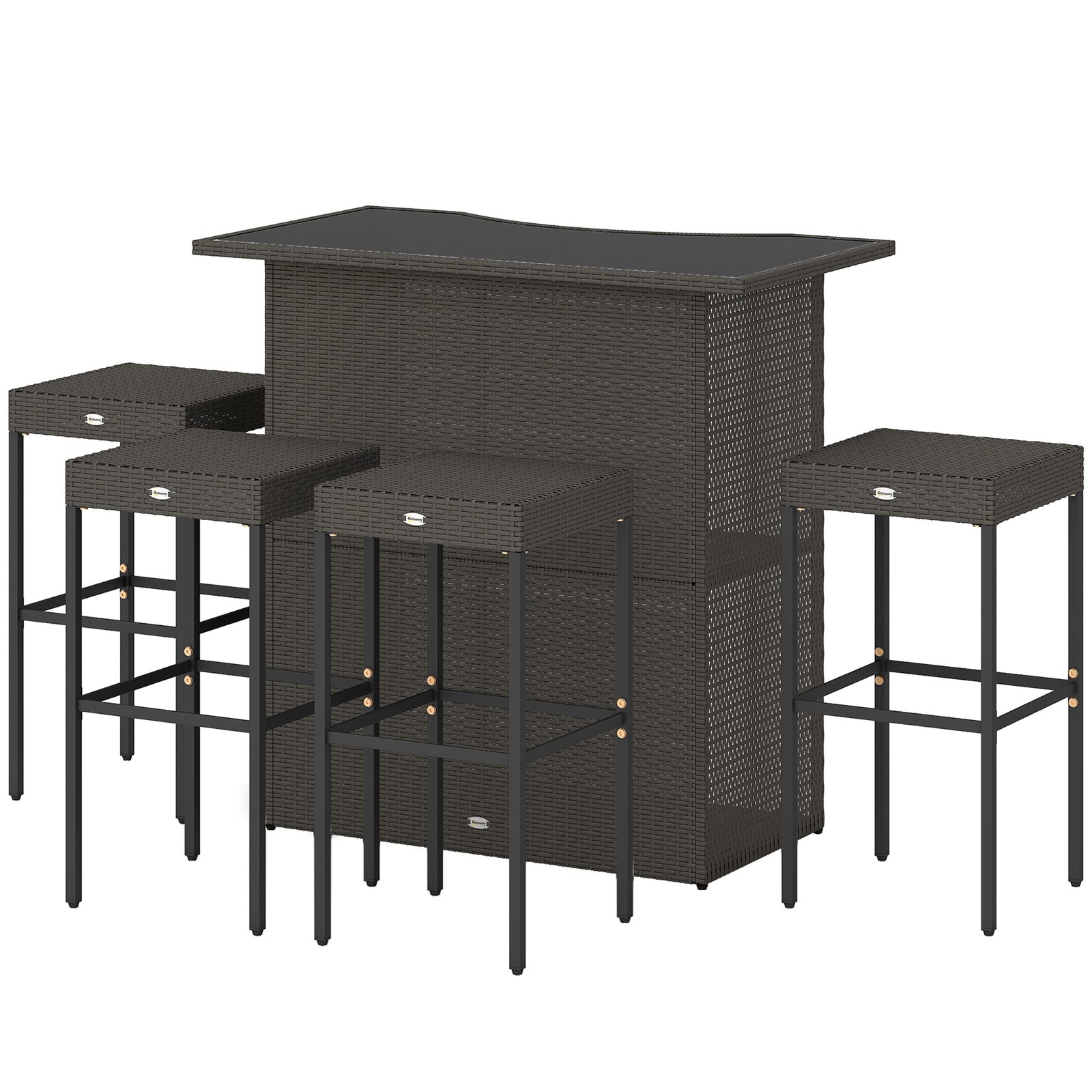 BEn6e119db1a48db0.jpg 5 Piece Rattan Wicker Bar Set, High Top Outdoor Table and Chairs, Bar Height Patio Set, 2 Shelves & 4 Bar Stools, Brown - Image 1