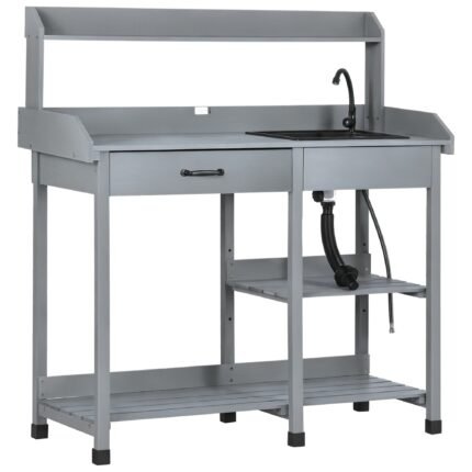 Potting Bench Table, 45" x 18" x 48", Outdoor Garden Table with Removable Sink, Faucet, Drawer, Shelves, Hooks, Gray