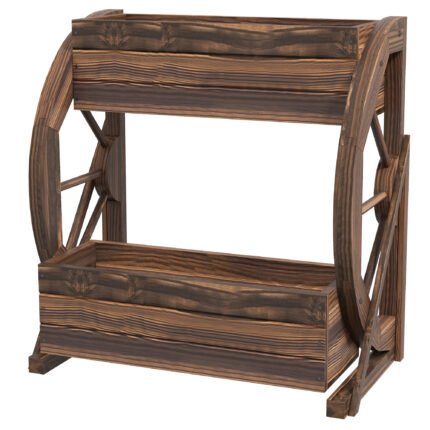 Wooden Wagon Planter Box with 2-Tier Raised Garden Bed