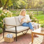 3 Seater Outdoor Patio Sofa, Outdoor Couch with Wood-Effect Armrests, Wicker Backrest, Cushions for Garden Yard, Khaki - Image 2