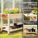 Wood Raised Planter Box, Elevated Garden Bed with Lockable Wheels, Side Tables, Bottom Shelf, Drain Holes, Natural - Image 4