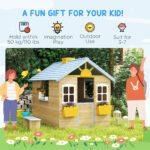 Wooden Playhouse for Kids Outdoor Garden with Working Door, Windows, Bench, Service Station, Flowers Pot Holder, Blue - Image 4