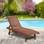 Chaise Lounge Chair Outdoor Wooden Pool Lounge Chair with 3-level Adjustable Backrest, Built-In Table and Rolling Wheels, Sun Tanning Chair for Beach Poolside Sunbathing, Brown Red - Image 2