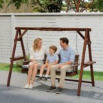 3 Seat Wooden Porch Swing with Stand, Patio Swing with Cushion, for Garden, Poolside, Backyard, Carbonized Brown - Image 8