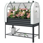 Galvanised Raised Garden Bed with Greenhouse Cover, Metal Elevated Garden Bed with Bed Liner, Bottom Shelf, Black