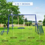 Metal Swing Set for Kids, 5 in 1 Outdoor Playset with Heavy Duty A-Frame Stand, 29.5" Saucer Swing, Slide, Teeter-Totter, Glider, for Backyard, Blue - Image 4