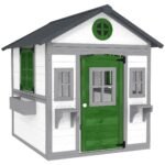 Wooden Playhouse for Kids Outdoor with Doors, Windows, Planter Pots and Boxes for Toddlers 3-8 Years, White