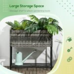 Raised Garden Bed, Elevated Planter Box with Rattan Wicker Look, Tool Storage Shelf, Portable Design for Herbs, Vegetables, Flowers, Gray - Image 7