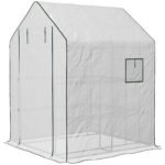 Portable Greenhouse, Water/UV Resistant Walk-In Small Outdoor Green House with 2 Tier Flower Rack Shelves, White