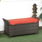 29 Gallon Patio Wicker Storage Bench, Outdoor PE Rattan Furniture, 2-In-1 Large Capacity Rectangle Garden Storage Box with Handles and Cushion, Red - Image 2