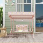 Kids Patio Swing Chair with Adjustable Canopy, Safety Belt for Patio, Garden, Poolside, Balcony, Pink - Image 8