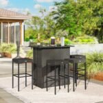 5 Piece Rattan Wicker Bar Set, High Top Outdoor Table and Chairs, Bar Height Patio Set, 2 Shelves & 4 Bar Stools, Brown - Image 2