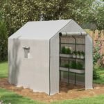 Portable Greenhouse, Water/UV Resistant Walk-In Small Outdoor Green House with 2 Tier Flower Rack Shelves, White - Image 2