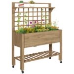 41" Raised Garden Bed Mobile Elevated Wooden Planter Box Stand with Wheels, Trellis and Storage Shelf, Dark Brown
