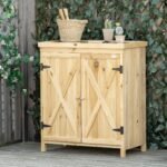Garden Storage Cabinet, Outdoor Tool Shed with Galvanized Top and Two Shelves for Yard Tools or Pool Accessories, Natural - Image 2
