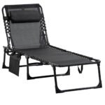 Reclining Chaise Lounge Chair, Portable Sun Lounger, Folding Camping Cot with Adjustable Backrest and Removable Pillow, for Patio, Garden, Beach, Black