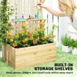 Wooden Raised Garden Bed with Trellis and Roof, Elevated Planter Box with 2 Shelves, Drainage Hole and Liner, Natural - Image 6