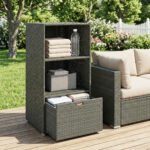 Valet Pool Towel Rack, Water-Resistant PE Plastic Rattan Wicker Storage Organizer, 2 Shelves, 1 Basket Drawer, Dark Gray - Image 7