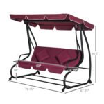 3-Seat Outdoor Patio Swing Chair, Converting Flatbed, Outdoor Swing Glider with Adjustable Canopy, Removable Cushion and Pillows, for Porch, Garden, Poolside, Backyard, Red - Image 3