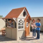 Outdoor Playhouse, Wooden Kids Playhouse with Dog Door, Cookware, Blackboard, Clock, Tic-Tac-Toe Roller for Backyard - Image 2
