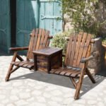 Double Wooden Adirondack Chair with Ice Bucket, Outdoor Loveseat with High Backrest, Smooth Armrest, Rustic Brown - Image 2