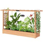Wooden Planter Box with Trellis, Hanging Roof and Drainage Holes for Climbing Plants, Vegetables, Herbs and Flowers