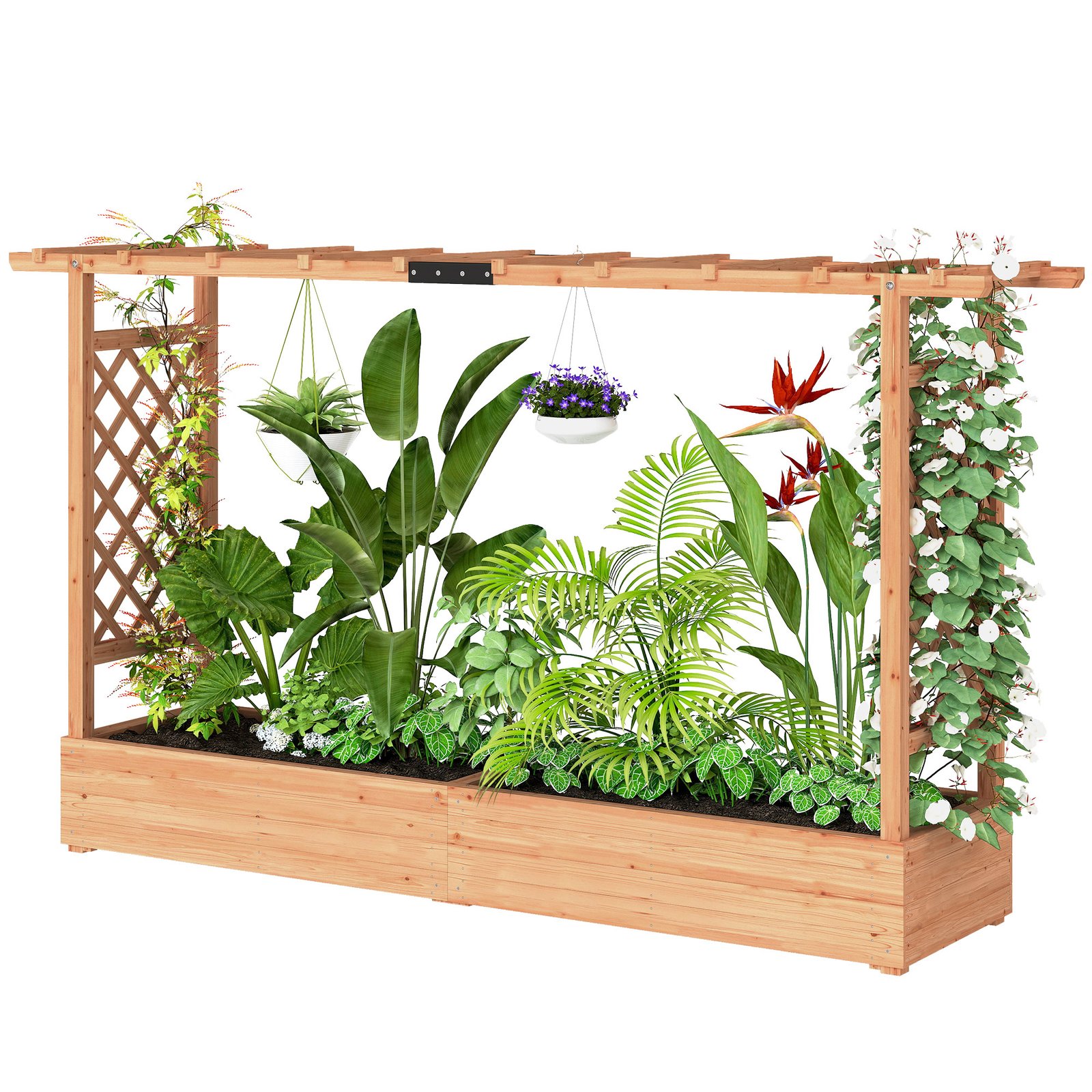 D0S7b819b10d4aa52.jpg Wooden Planter Box with Trellis, Hanging Roof and Drainage Holes for Climbing Plants, Vegetables, Herbs and Flowers - Image 1