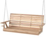 3-Seater Swing Bench, Wooden Porch Swing with Cupholders, Hanging Chains for Patio Garden, Nature Wood