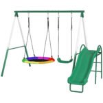 Metal Swing Set with Slide, Saucer Swing Seat, Heavy Duty A-Frame Stand and Adjustable Rope for Backyard, Dark Green