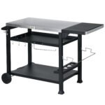 3-Shelf Outdoor Grill Cart Table with Foldable Side Table, Stainless Steel Pizza Oven Stand on Wheels, Black