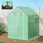 4.6' x 4.7' Portable Greenhouse, Water/UV Resistant Walk-In Small Outdoor Green House with 2 Tier U-Shaped Flower Rack Shelves, Roll Up Door & Windows, Green - Image 3
