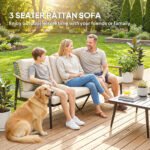 3 Seater Outdoor Patio Sofa, Outdoor Couch with Wood-Effect Armrests, Wicker Backrest, Cushions for Garden Yard, Khaki - Image 4