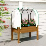 Raised Garden Bed with PE Greenhouse Cover Outdoor Planter Box for Herbs and Vegetables, 35 x 22 x 47 inch, Brown - Image 8
