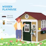 Wooden Playhouse for Kids Outdoor with Doors, Windows, Planter Pots and Boxes for Toddlers 3-8 Years, Beige - Image 4