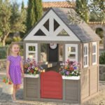 Outdoor Playhouse, Wooden Kids Playhouse with Dog Door, Flower Box, Cookware & Window for Garden Ages 2+, Gray - Image 2