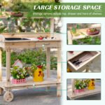 36" Wooden Potting Bench Work Table with 2 Removable Wheels, Garden Workstation with Removable Sink, Drawer & Large Storage Spaces, Natural - Image 6