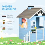 Wooden Playhouse for Kids Outdoor with Flower Pot Holders, Door, Windows, Service Stations for 3-7 Years, Blue - Image 4