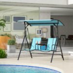 2 Person Porch Swing with Canopy, Storage Table, Cup Holder, Blue - Image 2