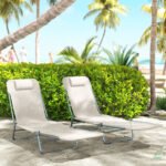 2 Piece Sun Loungers, Folding Chaise Lounge Chairs with Reclining Back, Breathable Mesh Seat, Headrest, Cream White - Image 7