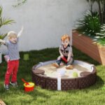 47" Round Kids Sandbox with Cover, 3 Seats, Waterproof Bottom Liner, for Backyard, Lawn, Garden, Beach, Patio, Brown - Image 2