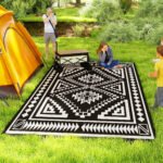 Reversible Outdoor Rug, Waterproof Plastic Straw with Carry Bag, 9' x 18', Black & White Square Patchwork - Image 2