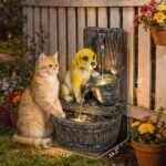 22" Outdoor Fountain with 3-Tier Puppy Theme, Resin Garden Fountain with LED Lights, Adjustable Flow, Rustic Brown - Image 3