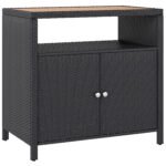 Outdoor Storage Cabinet with Acacia Wood Top, Two Doors, Shelf, Wicker Bar Table for Pool Towel Storage, Black