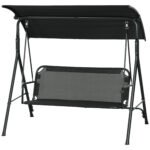 3-Seat Outdoor Patio Swing Chair w/ Cushion, Steel Frame Stand, Adjustable Tilt Canopy for Patio, Garden, Black 1