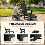 Folding Adirondack Chair Set of 2, HDPE Fire Pit Chair with Retractable Ottoman and Cup Holder, Black - Image 6