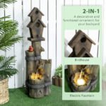 Outdoor Fountain with Birdhouse, Cascading Garden Waterfall Bird Bath with 3-Tier Rustic Tree Trunk / Log Design, LED Lights for Porch, Deck, Yard Decor, Brown - Image 4