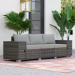 3 Seater Wicker Outdoor Couch Patio Sofa with Storage, Thickened Cushions and Wide Armrests for Porch Yard, Gray - Image 2