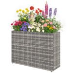 Tall Rectangular Planter with Removable Liner, Holes, PE Wicker Large Planter Box for Indoor Outdoor Plants, Gray