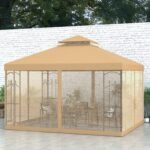 10' x 12' Patio Gazebo with Corner Frame Shelves, Double Roof Outdoor Gazebo Canopy Shelter with Netting, Brown - Image 2