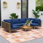 7 Piece Wicker Patio Furniture Set, Modular Outdoor Sectional with Thickened Cushions, Acacia Wood Table, Brown/Blue - Image 2
